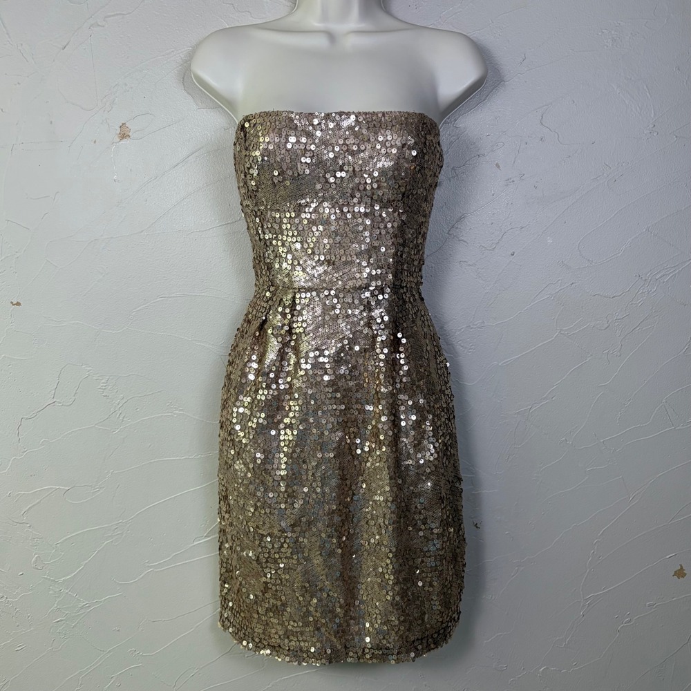 BCBGMAXAZRIA Sequin Mini Dress Womens 6 Gold Strapless Bodycon Party Glam